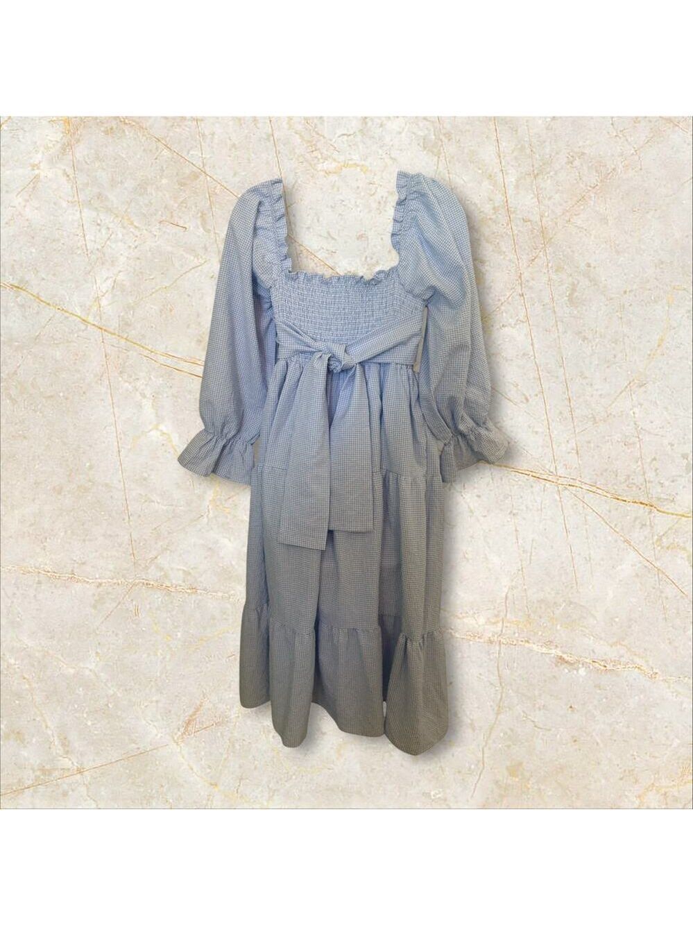 R. Vivimos Bluie Long Summer Gingham Dress w/Puff Sleeves Smocked Bodice. L